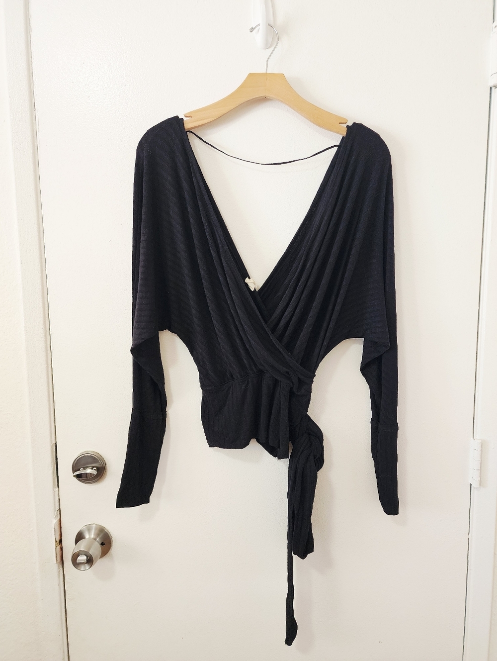 Free People East Coast Ribbed Wrap Top - Black Size XS - Picture 2 of 5